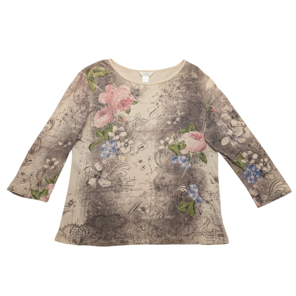 Vintage Christopher & Banks Floral Script Top Women L Beige 3/4 Sleeve Studded